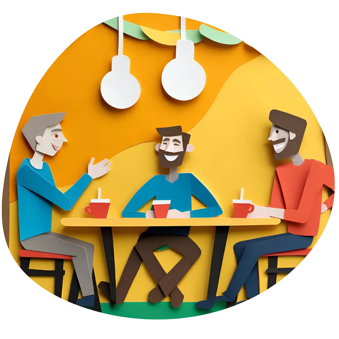 Three people talking and drinking coffee at a table.