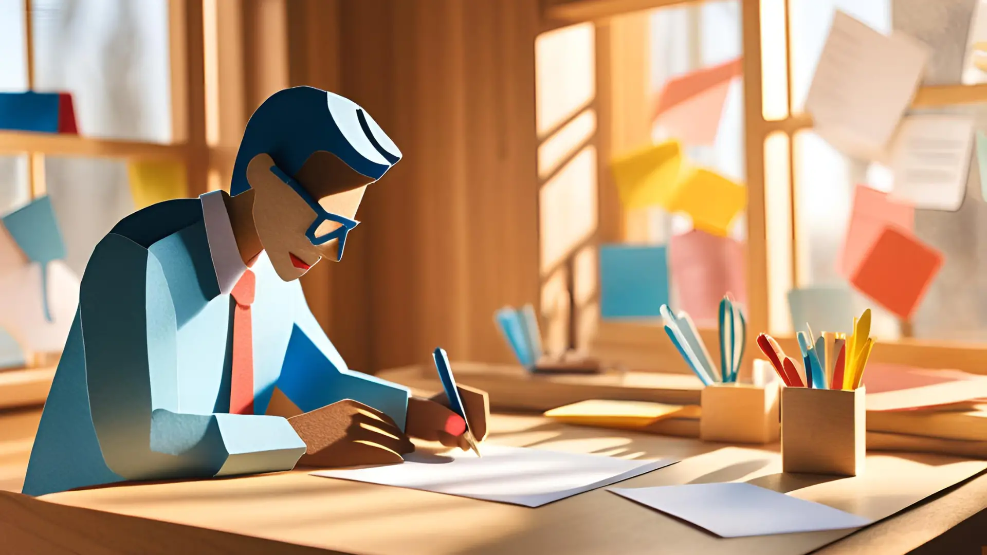 A well-dressed man writing at a desk.